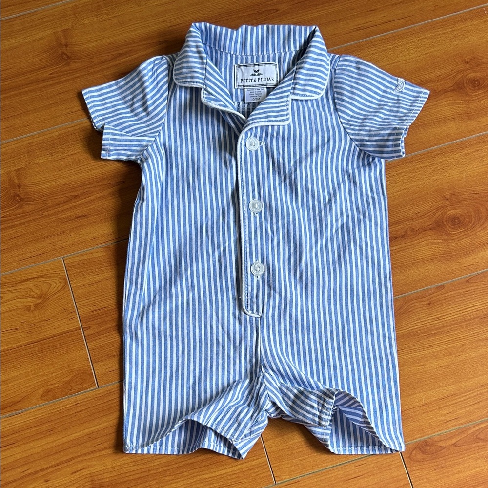 Petit Plume Baby's Twill Summer Romper in French Blue Heritage Stripe